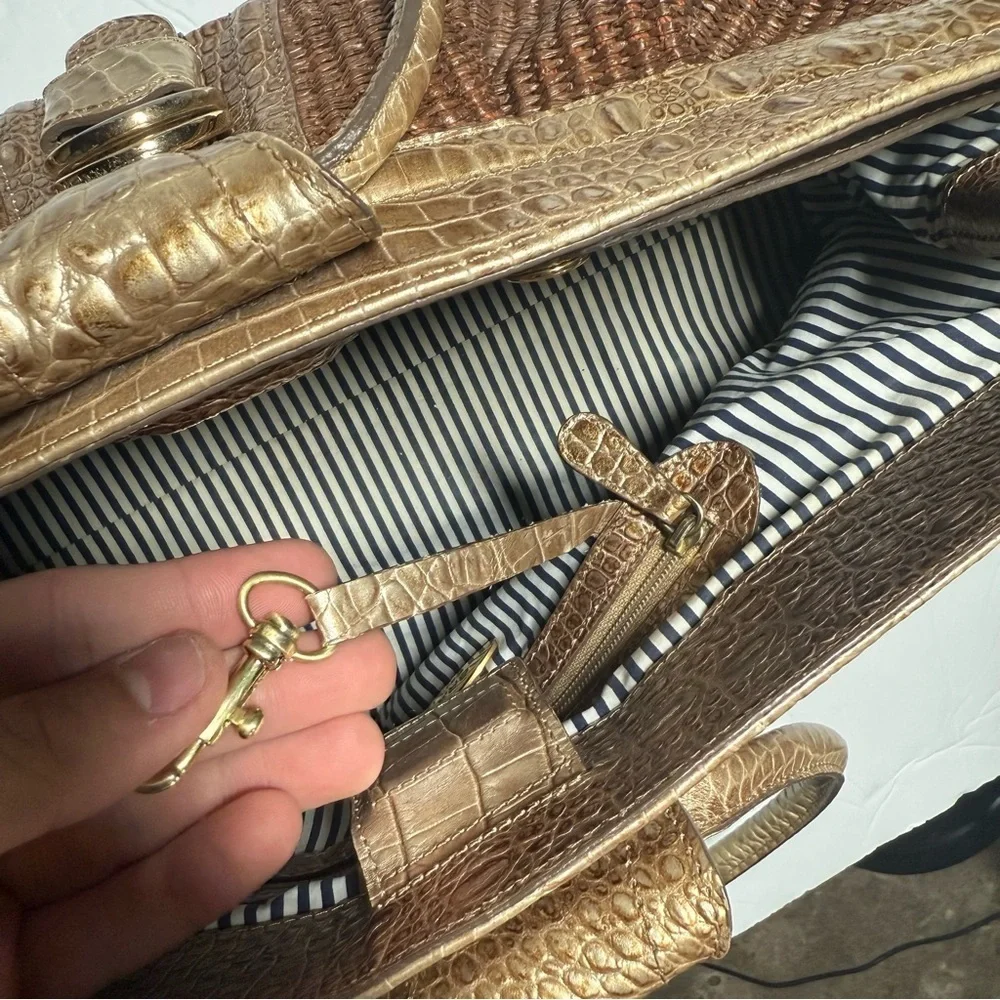 Brahmin Straw Satchel Bag Gold Crocodile Leather Brown Croc Shimmer